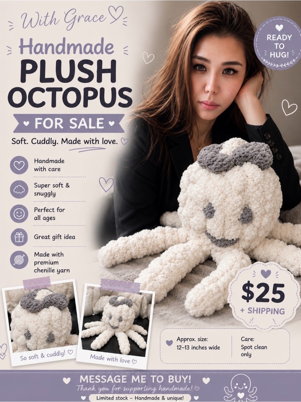 Handmade Plush Octopus - Cream with Gray Accents hand made with love ❤️